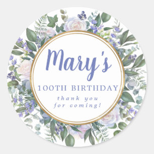 Sticker Rond Bleu Blanc Floral 100e Anniversaire Merci