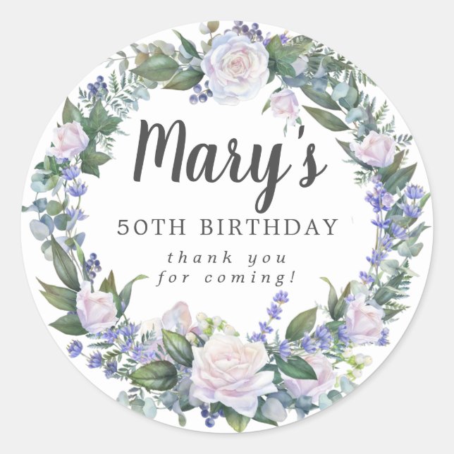 Sticker Rond Bleu Blanc Floral 50e anniversaire Merci (Devant)