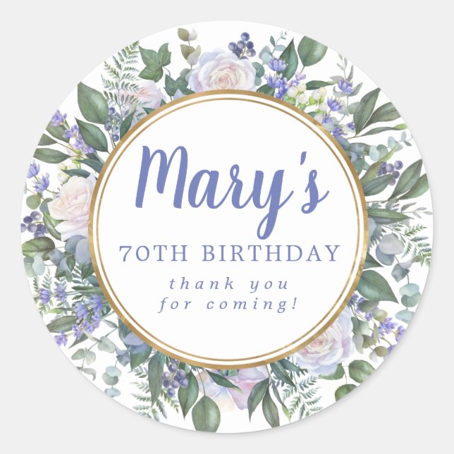 Sticker Rond Bleu Blanc Floral 70e anniversaire Merci (Devant)