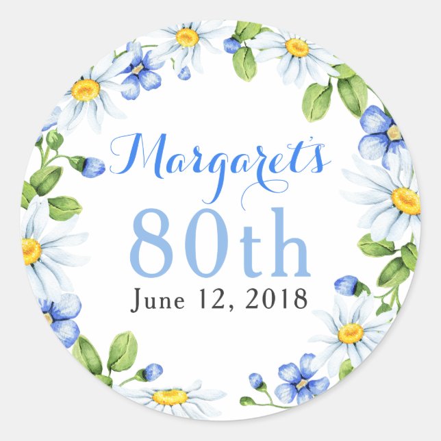 Sticker Rond Bleu Blanc Pays Fête Fleur 80e anniversaire (Devant)