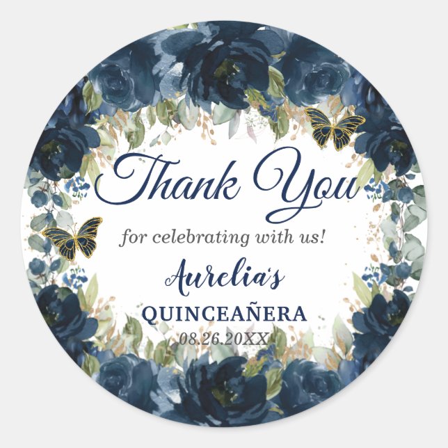Sticker Rond Bleu bleu marine Rose papillons Favoriser (Devant)