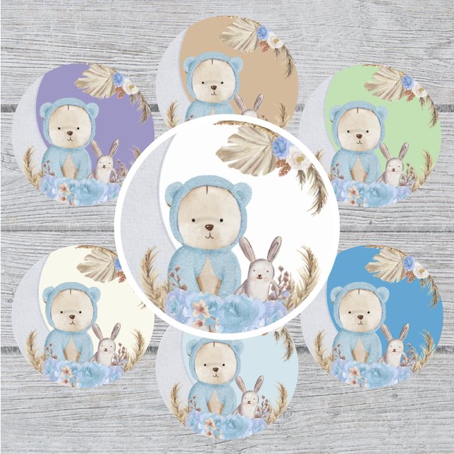 Sticker Rond Bleu Boho Ours Lune Lapin Floral (Créateur téléchargé)