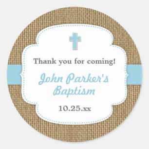 Sticker Rond Bleu Burlap croix garçon baptiser faveur autocolla