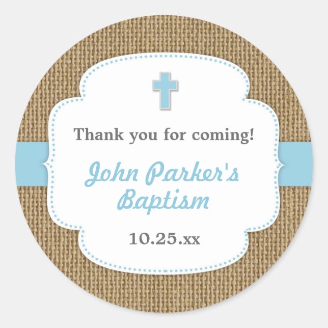 Sticker Rond Bleu Burlap croix garçon baptiser faveur autocolla (Devant)