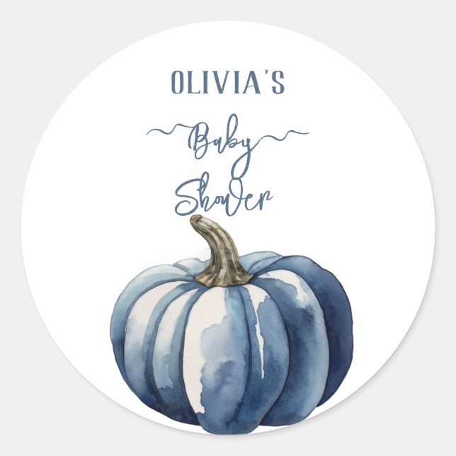 Sticker Rond Bleu Citrouille Aquarelle Boho Baby Boy Douche (Devant)