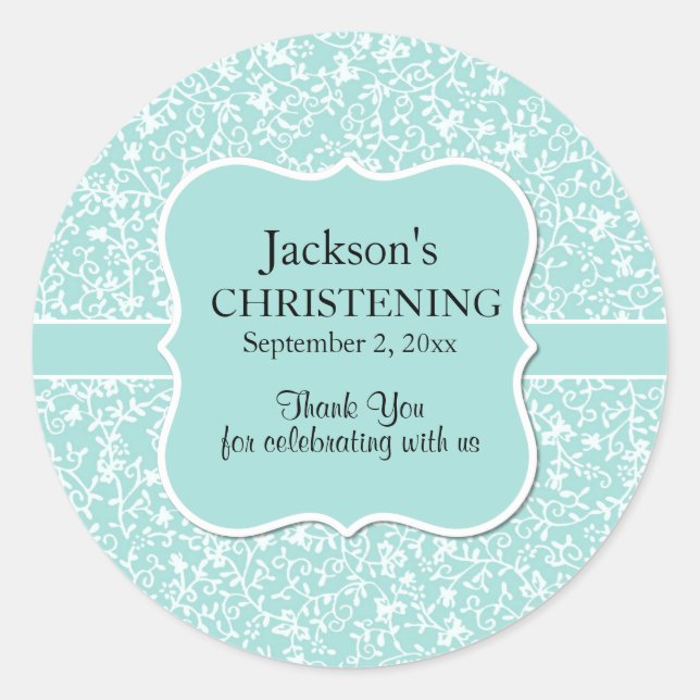 Sticker Rond Bleu clair et blanc floral Christening personnalis (Devant)