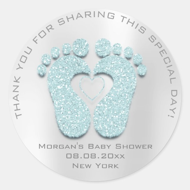 Sticker Rond Bleu Coeur Pieds Baby shower Favoriser Cadeau Merc (Devant)