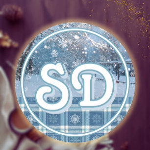 Sticker Rond Bleu Coquet Carreauté Neigeux Hiver Campagne Noël