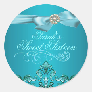 Sticker Rond Bleu Damas & Bow Sweet 16 Enveloppe Sticker/sceau