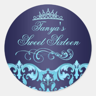 Sticker Rond Bleu Damas & Tiara Sweet 16 Enveloppe Sticker/scea