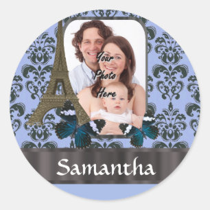 Sticker Rond Bleu damassé Paris collage
