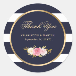 Sticker Rond Bleu de marine rayures rose Mariage Merci