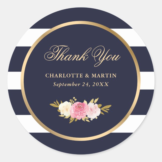 Sticker Rond Bleu de marine rayures rose Mariage Merci (Devant)