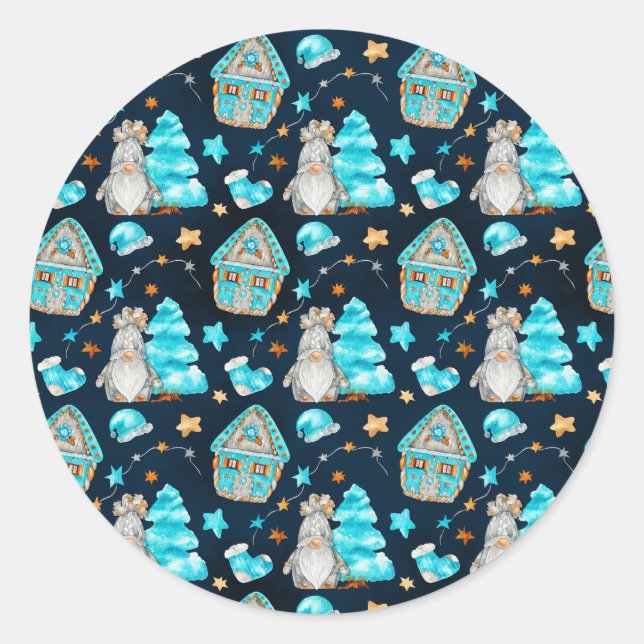 Sticker Rond Bleu de Noël mignon Gnomes scandinaves (Devant)
