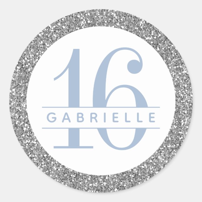 Sticker Rond Bleu Dusty et Parties scintillant argent Anniversa (Devant)