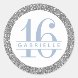 Sticker Rond Bleu Dusty et Parties scintillant argent Anniversa