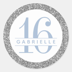 Sticker Rond Bleu Dusty et Parties scintillant argent Anniversa
