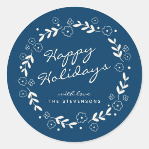 Sticker Rond Bleu élégant Joyeux Vacances Floral Simple Personn