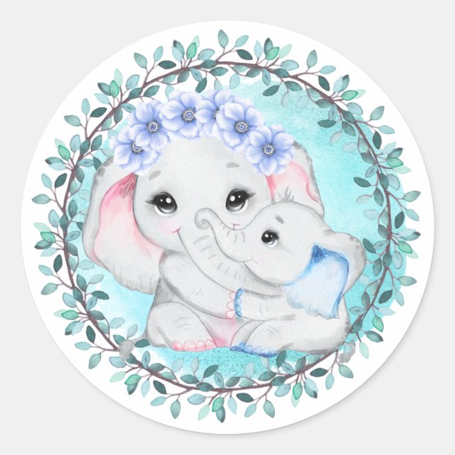 Sticker Rond Bleu éléphant petit garçon mère feuille de courge  (Devant)