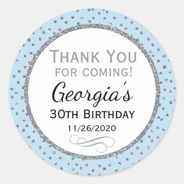 Sticker Rond Bleu en poudre Merci d'anniversaire Favor Balise (Devant)