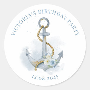 Sticker Rond Bleu et Blanc Fleurs Ancre Nautique Anniversaire