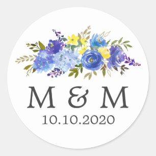 Sticker Rond Bleu et jaune Monogramme classique Mariage flora