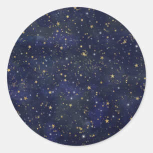 Sticker Rond Bleu et Or Céleste Étoiles Aquarelle Fantaisiste