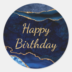 Sticker Rond Bleu et Or Paillettes Marbre Agate Anniversaire