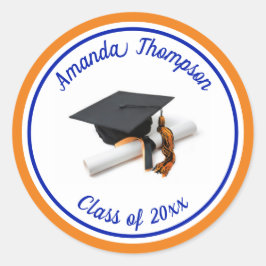 Sticker Rond Bleu et Orange Graduation Cap et Tassel