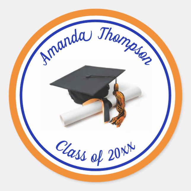 Sticker Rond Bleu et Orange Graduation Cap et Tassel (Devant)
