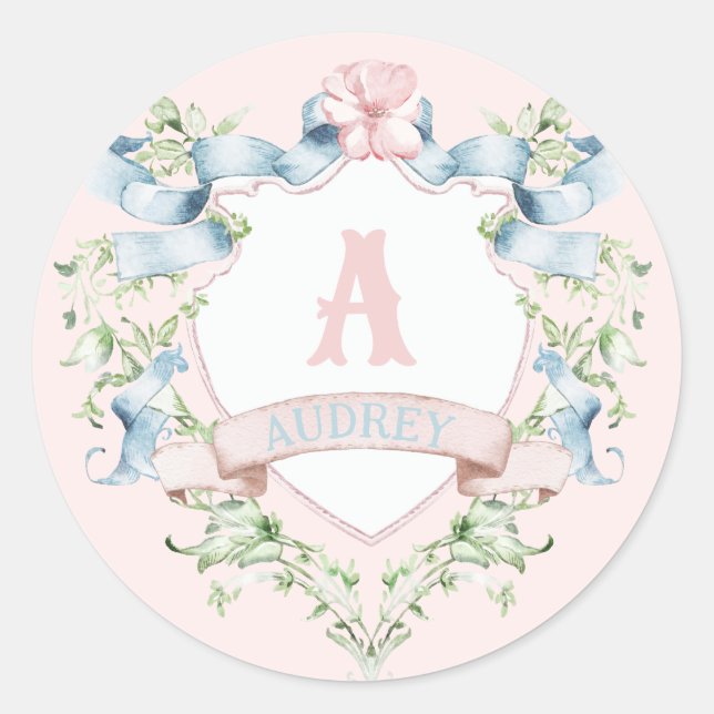 Sticker Rond Bleu et rose Grandmillennial Ribbon Crest (Devant)