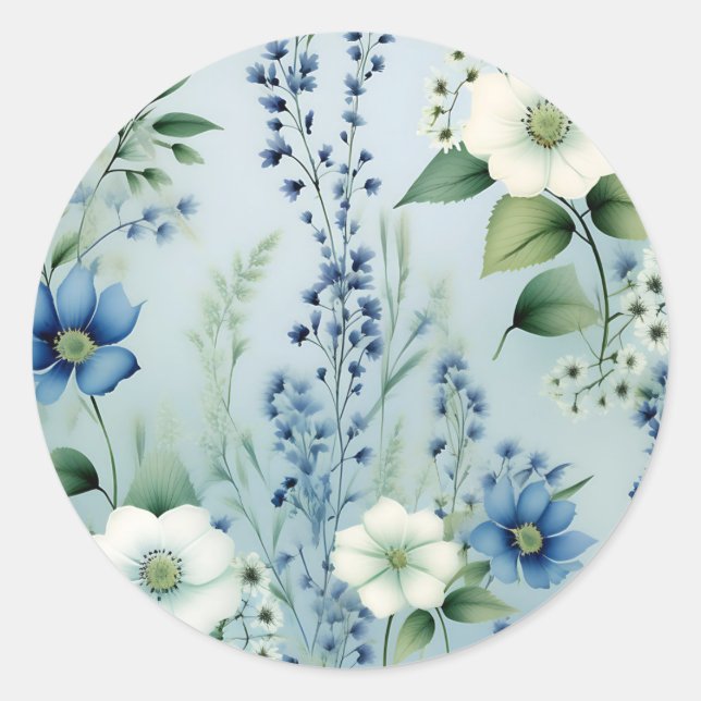 Sticker Rond Bleu floral romantique délicat (Devant)
