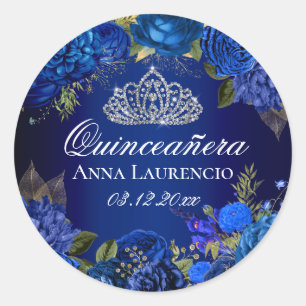 Sticker Rond Bleu Floral Rose Diamant Tiara Quinceanera