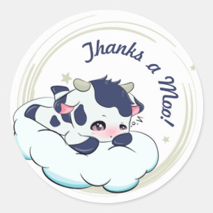 Sticker Rond Bleu foncé Bébé Vache Blanc Nuage élégant Merci