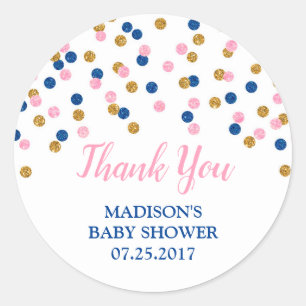 Sticker Rond Bleu foncé rose points d'or Baby shower favoris