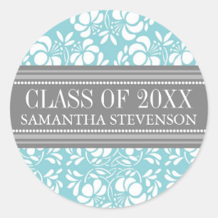 Sticker Rond Bleu gris Damas Graduation personnalisée Nom de l'