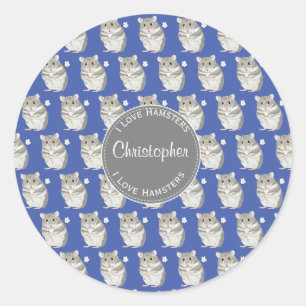 Sticker Rond Bleu J'aime Hamsters Gris Hamster Motif