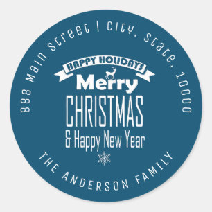 Sticker Rond Bleu Joyeux Noël rond Adresse de retour