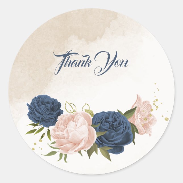 Sticker Rond bleu marine fleurs vert feuille mariage (Devant)
