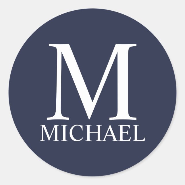 Sticker Rond Bleu Marine Monogramme et Nom Personnalisés (Devant)