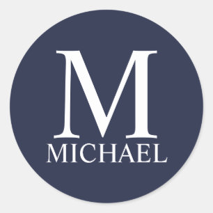 Sticker Rond Bleu Marine Monogramme et Nom Personnalisés