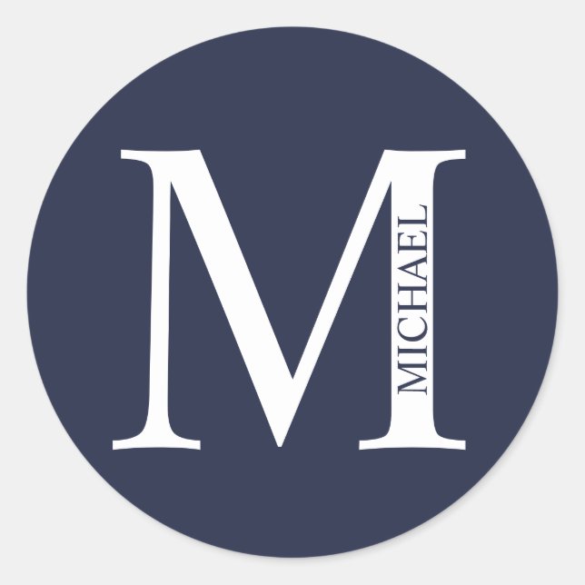 Sticker Rond Bleu marine personnalisé monogramme et nom (Devant)