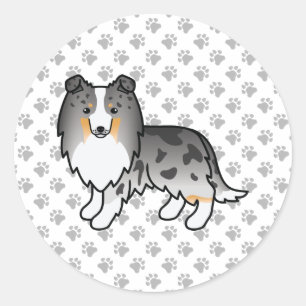 Sticker Rond Bleu Merle Shetland Sheepdog Sheltie Dessin Chien