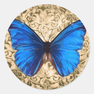 Sticker Rond Bleu monarque papillon damassé art Vintage
