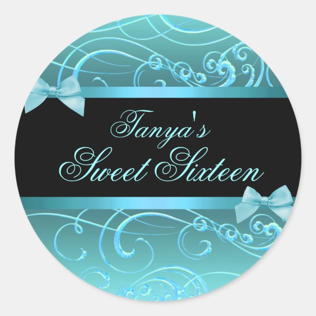 Sticker Rond Bleu/Noir Bow & Swirl Sweet 16 Enveloppe sceau (Devant)