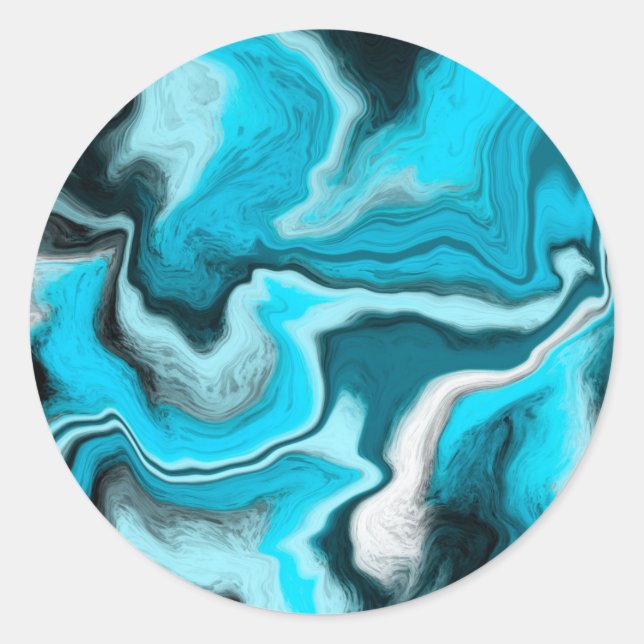 Sticker Rond Bleu, noir et Marbre blanc Fluid Art (Devant)
