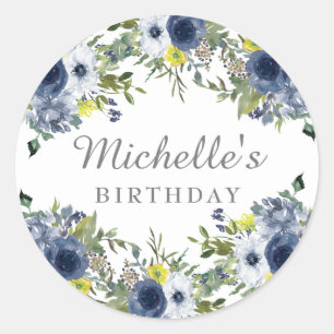 Sticker Rond Bleu Nuit Jaune Fleurs Aquarelle Anniversaire