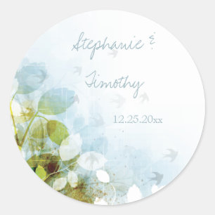 Sticker Rond Bleu olivier vert feuillage oiseaux de mariage aut
