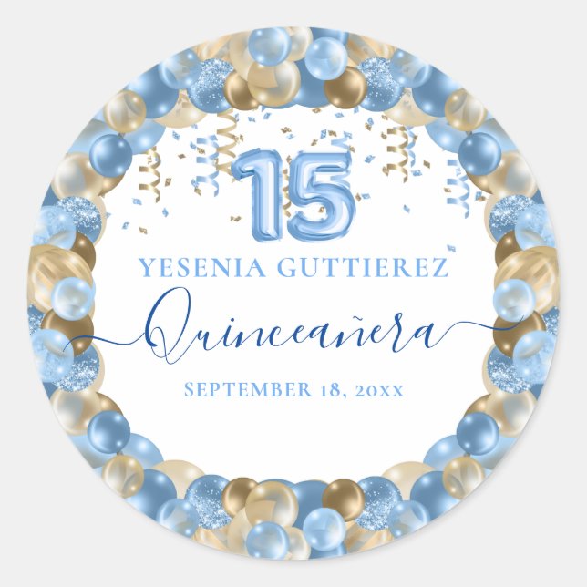 Sticker Rond Bleu or étincelle Quinceañera Balloon (Devant)