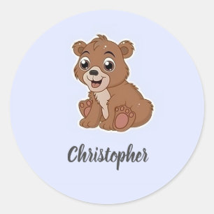 Sticker Rond Bleu ours brun mignon